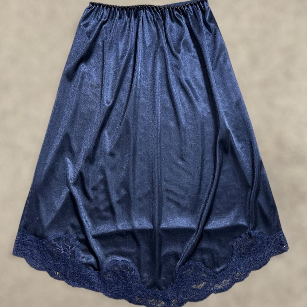 Vintage St Michael Slip Skirt 10/12 Women Navy Lace Trim 70s Petticoat Deadstock
